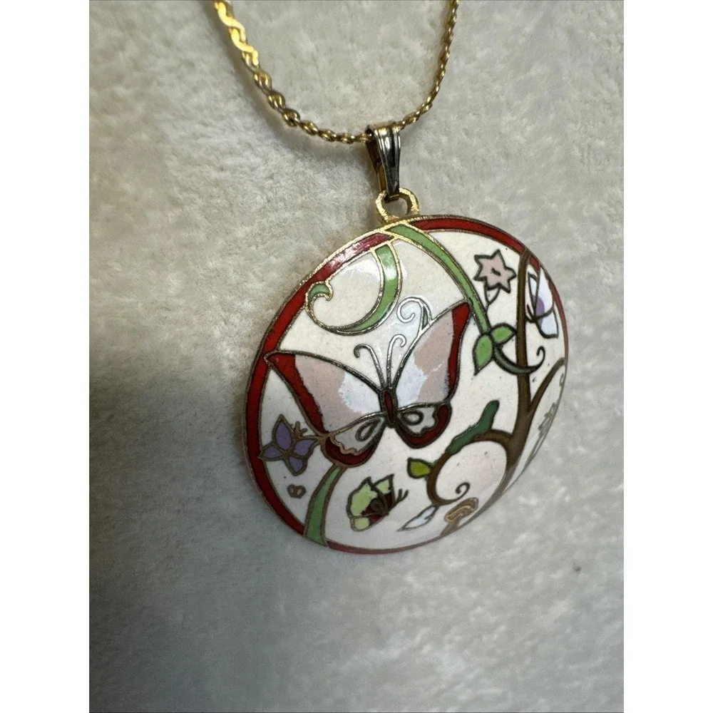 VTG Gold Tone Cloisonné Enamel  Butterfly Mushroom Worm Pendant‎ 18